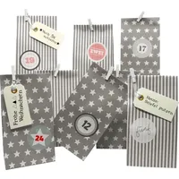 Frau WUNDERVoll® DIY Adventskalender Weihnachtszeit, Blockbodenbeutel grau Sterne und