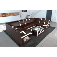 Sofa Dreams Wohnlandschaft Ledercouch Sofa Leder Padua U Form Ledersofa, Couch, mit LED, wahlweise mit Bettfunktion als Schlafsofa, Designersofa braun