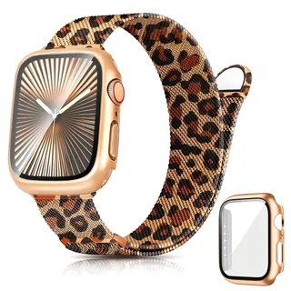 Ocaer Kompatibel mit Apple Watch Armband mit Gehäuse 40mm 41mm 42mm 44mm 45mm 46mm, Metall Magnetisch iWatch Armband für Apple Watch SE Series 11 10 9 8 7 6 5 4, Edelstahl Mesh Loop,Rosegold-Leopard