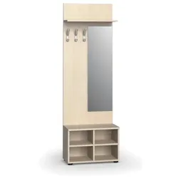 Garderobenwand PRIMO WOOD, Schuhregal + Spiegel, 3 Haken, Ablage, Birke