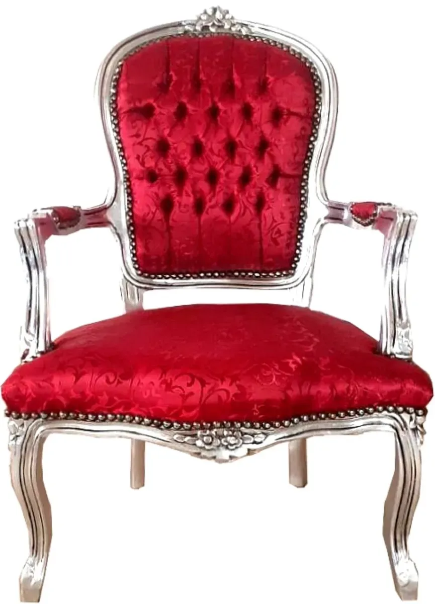 Casa Padrino Barock Salon Stuhl Bordeauxrot Muster / Silber 60 x 50 x H. 93 cm - Handgefertigter Antik Stil Stuhl mit edlem Satinstoff - Möbel im Barockstil