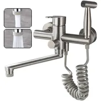 Wandmontierter Küchenarmatur, Edelstahl 304, Lebensmittelecht, Sprühpistole Mit Gebürstetem Strahl, 2 Düsen, Spültischarmatur, 360° Drehbare Wandarmatur (gebürstetes Nickel).