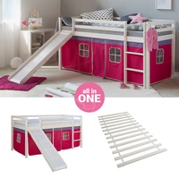 Kinder Hochbett mit Rutsche 90x200 Lattenrost Holz Vorhang Pink Bett Homestyle4u