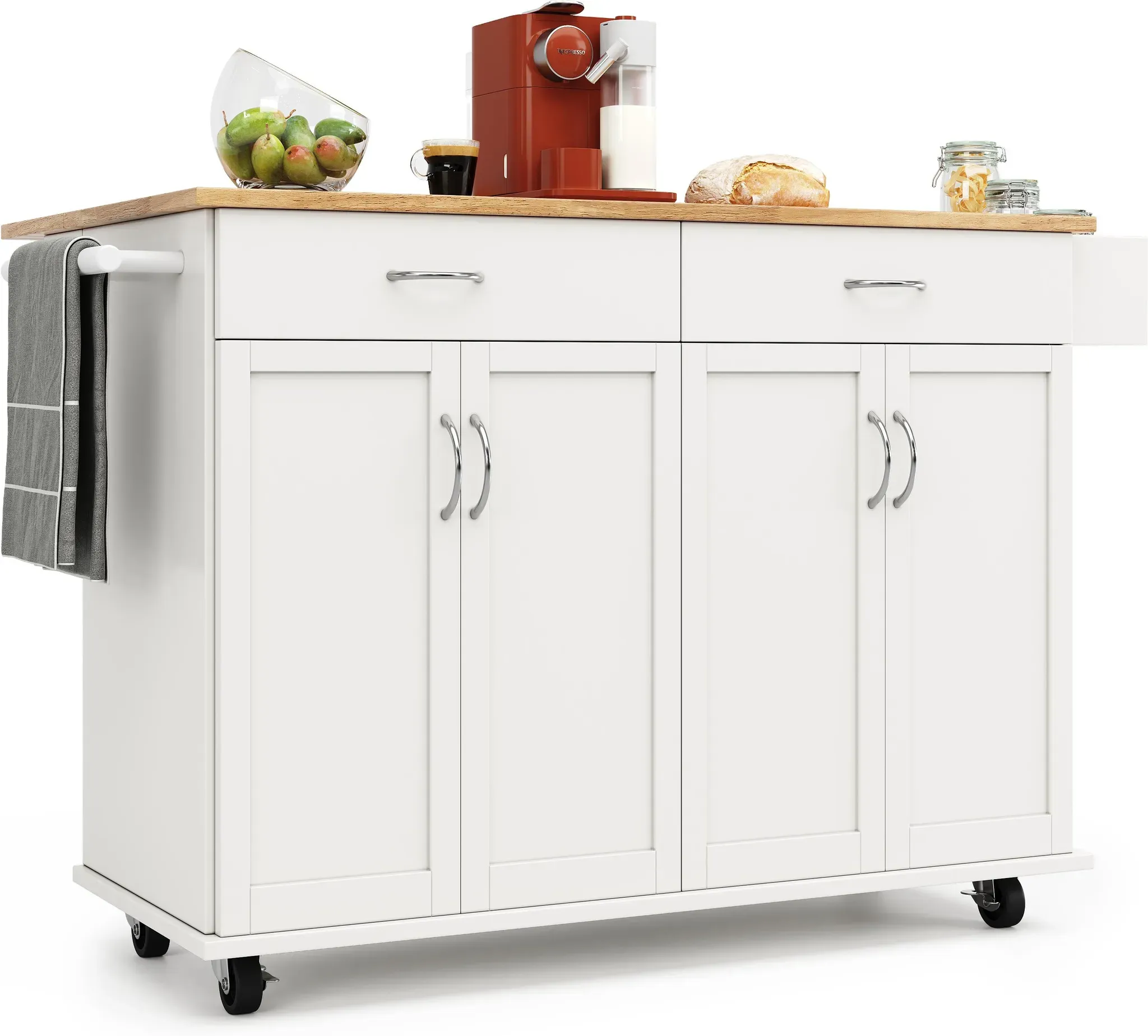 Moderne Kücheninsel freistehend Klappbare Arbeitsplatte für Backen mit Rollen Multifunktionaler Stauraum 106x50x905cm Weiß Naturfarbe   Aosom.de