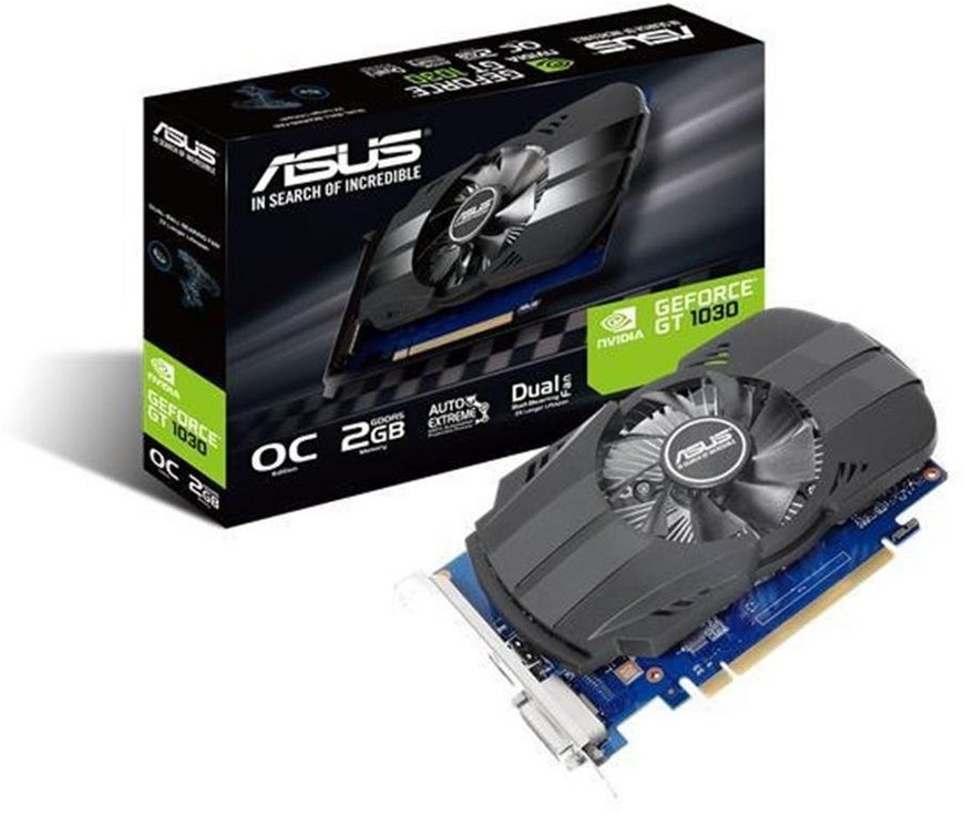 Asus Phoenix GeForce GT 1030 Grafikkarte (2 GB, OC Edition, GDDR5 Speicher, Nvidia, PCIe 3.0, HDMI, DVI) schwarz okluge