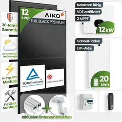12 kWp Growatt PV-Anlage 26x Aiko 460Wp Glas-Glas Fullblack mit 20kWh Speicher