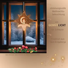 Weigla Engel auf Mond, beleuchtetes Fensterbild, BRAUN-GOLD, Made in Germany", braun (braun, natur), H:30cm T:5cm, Holzwerkstoff, Dekosterne, Erzgebirge garantiert, Weihnachtsdeko Weihnachtsbeleuchtung, Natur
