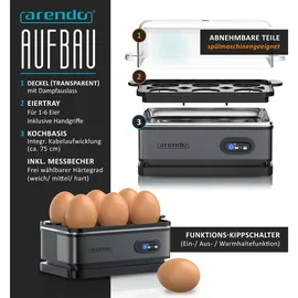Arendo Eierkocher 6-fach, 400 W, Edelstahl, Warmhaltefunktion, Härtegrad einstellbar, für 6 Eier, grau -