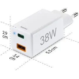 Hama Schnellladegerät USB-C 38W USB-C PD, USB-A QC, weiß 201640 - Weiß