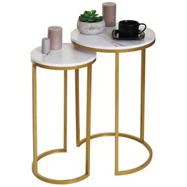 Mendler 2er-Set Beistelltisch HWC-K46, Kaffeetisch Nachttisch Loungetisch, Marmor-Optik MDF ~ weiß-gold
