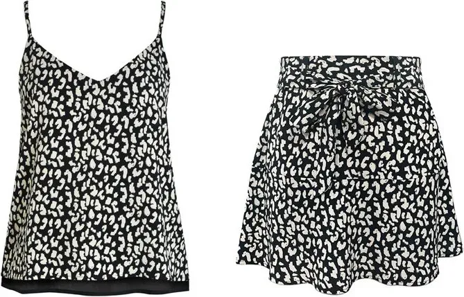 IZURIA Schwarzes V-Ausschnitt-Top mit Print und Hosenrock-Set M