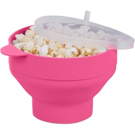 Relaxdays Popcorn Maker für Mikrowelle, Silikon, BPA-frei, Popcorn-Popper mit Deckel & Griffen, zusammenfaltbar, pink