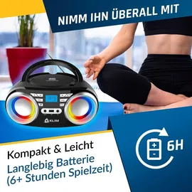Klim Boombox B3 Tragbarer CD Player + FM Radio, CD, MP3, Bluetooth, AUX, USB, RGB LED + Kabel- & kabelloser Betrieb mit wiederaufladbaren Akku + Verbesserte CD-Laserlinse + Digitaler EQ + Version