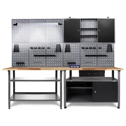 Werkstatt-Set ONDIS24 "»Erfinder«", grau (grau, anthrazit), B:240cm H:204cm T:60cm, Metall, Buche, Werkbänke, Werkstatteinrichtung 240 cm - Arbeitshöhe 85 cm