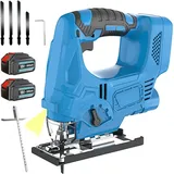 Holzsägen, Akku-Stichsäge ohne Bürsten, 4 Sägeblätter, 4 variable Geschwindigkeiten, Gehrungsschnitt von 0°-45°, LED-Arbeitsleuchte, 2 x 5,5 a Akku +