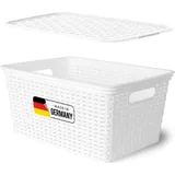 Novaliv Aufbewahrungsbox mit Deckel Groß 14L Korb Weiß in Rattan Design Lebensmittelecht Aufbewahrungskorb Stapelbox Nestbar Kunststoff BPA-frei Kiste Verstaubbox mit Deckel