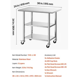 Vevor Gasto Arbeitstisch 915 x 610 x 864 mm, Edelstahltisch mit 3 Ebenen & Rollen & Höhenverstellbaren Ablagen Belastbarkeit Top 227 kg & 2 Unterablagen je 191 kg Vorbereitungstisch für Restaurant