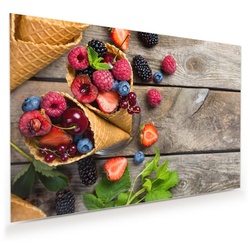 Primedeco Glasbild Wandbild Beeren in Waffeln mit Aufhängung, Früchte rot 90 cm x 60 cm