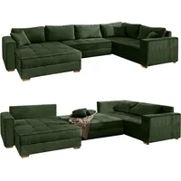 luma-home Cord Wohnlandschaft U-Form Sofa Schlaffunktion Couch groß Bettkasten, in Grün / Grün