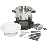 KitchenCraft 3-in-1 Fondue-Set mit farbcodierten Fondue-Gabeln (für Schokoladen-, Fleisch- und Käsefondue), Silber
