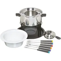 KitchenCraft 3-in-1 Fondue-Set mit farbcodierten Fondue-Gabeln (für Schokoladen-, Fleisch- und Käsefondue), Silber