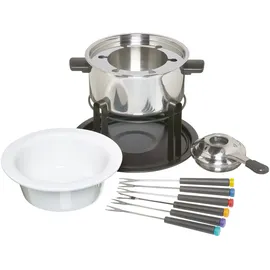 KitchenCraft 3-in-1 Fondue-Set mit farbcodierten Fondue-Gabeln (für Schokoladen-, Fleisch- und Käsefondue), Silber