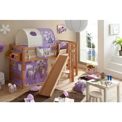TiCAA Hochbett mit Rutsche Podestbett "Tino" Buche Natur Motiv, teilbar mit Farbauswahl