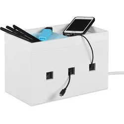 Relaxdays Kabelbox Bambus, Steckdosenleiste & Kabel verstecken, Kabelmanagement Schreibtisch, HBT 16,5x25,5x14cm, weiß