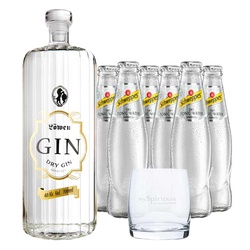 Löwen Dry Gin & 6 x Schweppes Dry Tonic Water & Glas