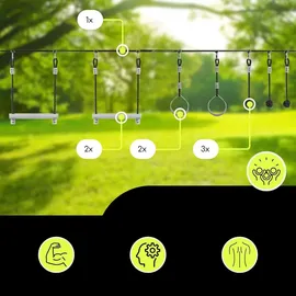 Mamabrum Ninja Hindernislauf Kinder Slackline Set 7 Hindernisse, 15m Max 113kg