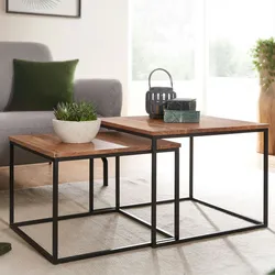 Kadima Design Industrie-Stil Wohnzimmertisch 2er Set, Holz & Metall, Quadratisch. 60x60x46 cm