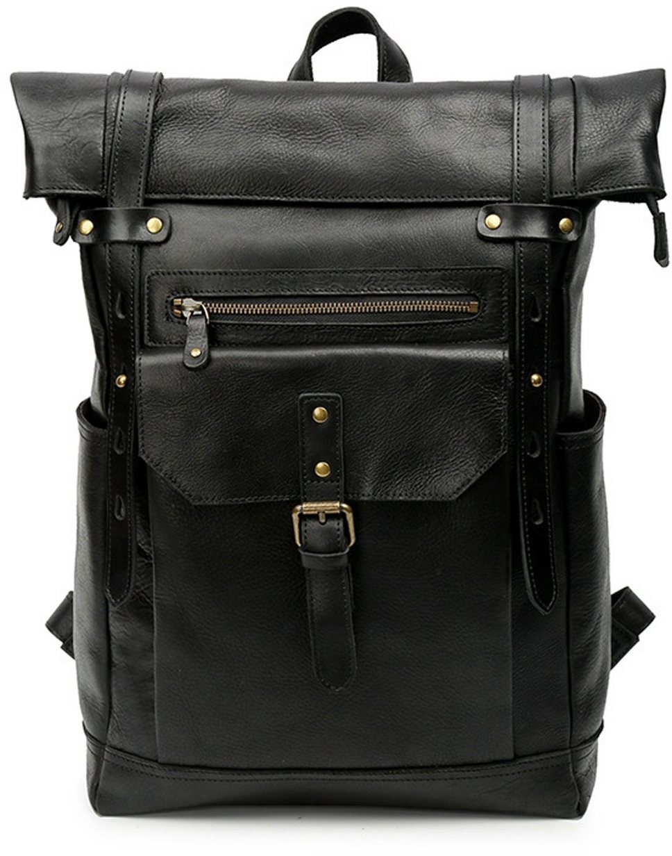 WISHDOR Laptoprucksack Rucksack Schulrucksack Lederrucksack Reiserucksack Schultertasche (Vintage Echtes Leder Notebook Laptop Tasche Schule Uni Rucksack, Backpack mit Laptopfach, für 15,6-Zoll Laptop, luxuriös, Echtleder), für Herren Damen Jungen Teenager Freizeit Arbeit Business Reisen schwarz