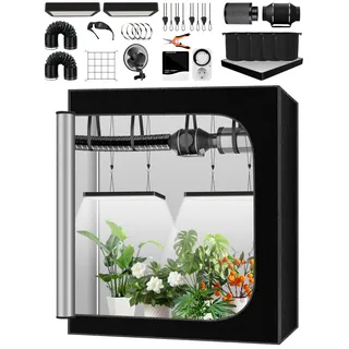 QEANY Komplettes Growzelt Set, 60x120x180cm Growbox, Growzelt-System mit 2x100W LED-Wachstumslicht, automatischem 4-Zoll-Lüfter, Kohlefilter und Lüfter, Indoor Grow Tent Set (60120180TZ)