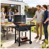 Outsunny Holzkohlegrill mit Deckel, Thermometer, höhenverstellbar Kohlepfanne, Kamin, BBQ Smoker, Grillwagen, für Camping Garten schwarz