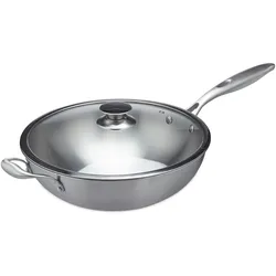 Relaxdays Wok, Ø 32 cm, Edelstahl unbeschichtet, Glasdeckel, Gas-, Elektro-, Induktionsherd, Wokpfanne mit Griff, silber