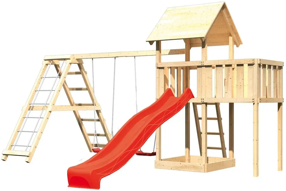 Akubi Kinderspielturm Lotti mit Satteldach inkl. Wellenrutsche, Doppelschaukelanbau, Klettergerüst und Anbauplattform rot