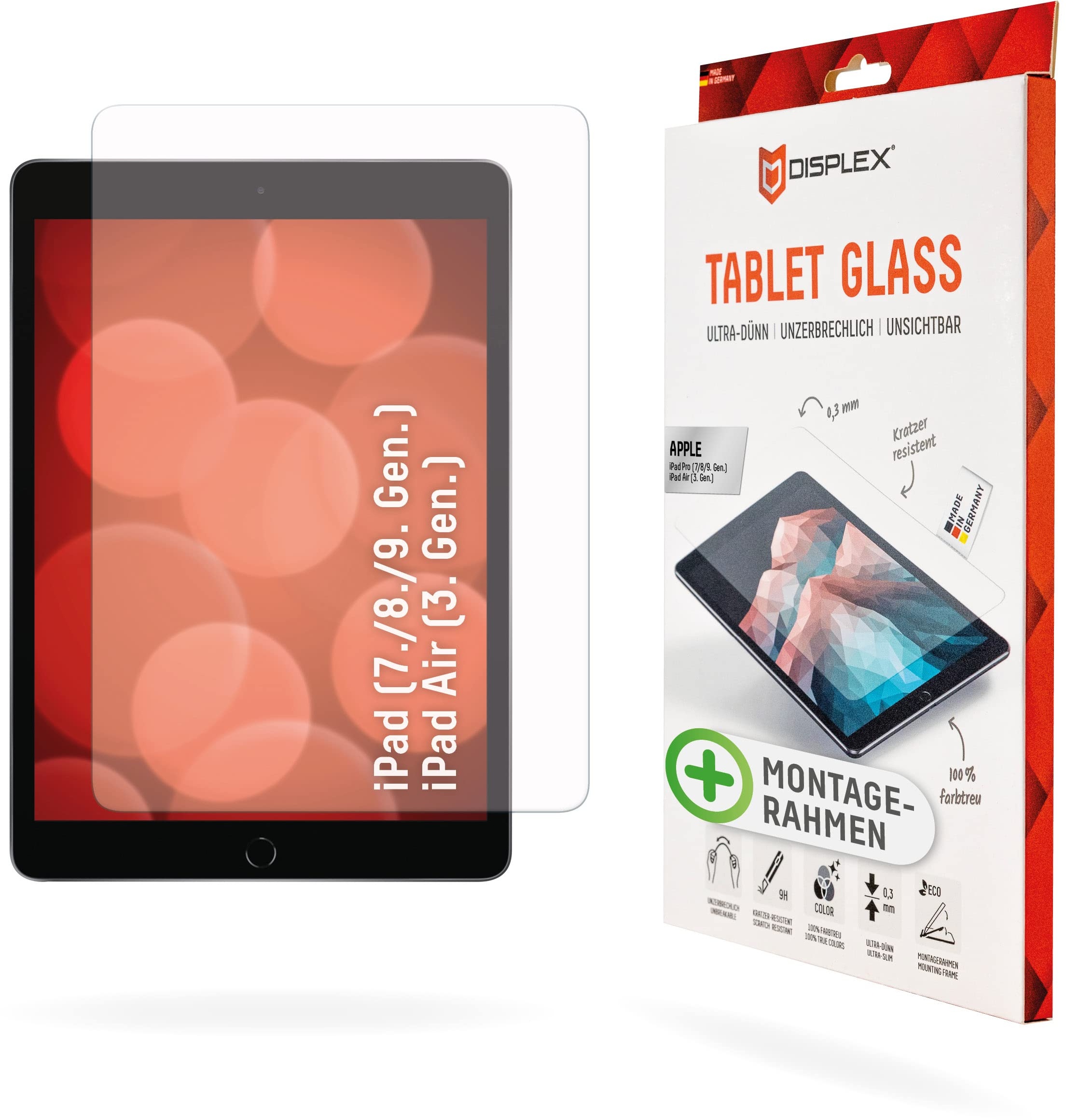 Displex Tablet Glass (9H) für Apple iPad (7./8./9. Gen.)/Air (3. Gen.), Eco-Montagerahmen L-Form, unzerbrechlich, ultra-dünn, unsichtbar