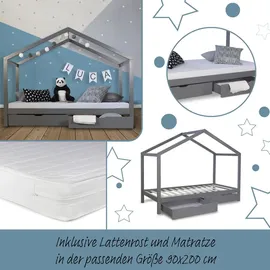 Homestyle4u Hausbett 90 x 200 cm Kiefer grau