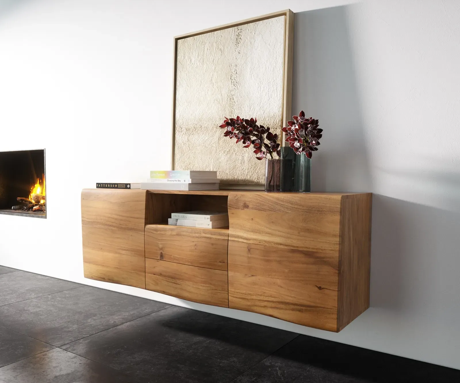 DELIFE Buffet New Live-Edge 145 cm acacia naturel 2 portes 2 tiroirs 1 compartiment fixation murale, Buffets, Baumkantenmöbel, Massivholzmöbel, Massivholz