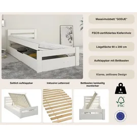 otto home Massivholzbett OTTO HOME ""GODJE ", TOPSELLER, zertifiziertes Massivholz (Kiefer)", weiß, B:98cm H:73cm L:205cm, Betten, Massivholzbett, seitlich aufklappbarer Bettkasten mit viel Stauraum, skandinavisch