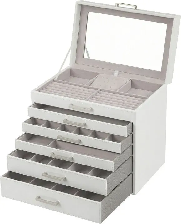 JOYFURNOS Schmuckkasten 6 Ebenen, großer Spiegel, Schmuckschatulle, 5 Schubladen, Schmuckaufbewahrung, modern, weiß