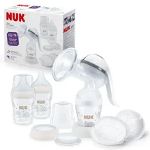 NUK Handmilchpumpen-Set | Weiches Silikonkissen | Ergonomischer Pumphebel | 2 Perfect Match Babyflaschen | 150 ml | 2 NUK High-Performance Einwegstilleinlagen