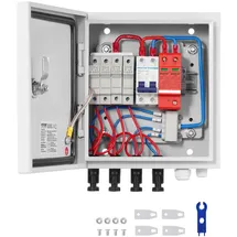 Vevor PV-Combiner-Box, 4-String, Solar-Combiner-Box mit 15 A Nennstromsicherung, 63 A Leistungsschalter, Blitzableiter und Solaranschluss, Stahlgehäuse für On-/Off-Grid-Solarpanelsystem, IP65