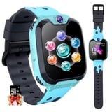 PTHTECHUS Kinder Smartwatch Telefon - Smartwatch Kinder Uhr Telefon Anruf Mit SOS Schrittzähler Videorecorder Taschenlampe MP3-Musik 7 Spiele Wecker, Geschenke für Mädchen von 6-10 Jahren, Blue