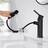 HanCrobiyx Wasserhahn Bad Ausziehbar Schwarz, Waschtischarmatur mit Herausziehbarer Brause 2 Strahlarten, Armatur Badezimmer, Waschbecken Armaturen Einhebel Mischbatterie für Kaltes & Heißes Wasser