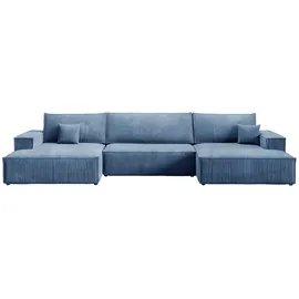 bromarkt Ecksofa PABLO U-Form mit Schlaffunktion, Beige, Cord Wohnlandschaft mit Bettkasten - 4 Stk - POSO 05 - Himmelblau