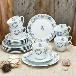 Neptun 18tlg Kaffeeservice Porzellan 6Pers Tasse Untertasse Teller Anker maritim