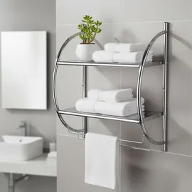 Relaxdays Badregal, Wandregal mit 2 Ablagen, 2 Handtuchstangen, HBT 54,5 x 44,5 x 25,5 cm, Badezimmer, Edelstahl, Silber