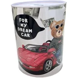 Originelle Spardose mit Stil und Botschaft, große Spardose für Erwachsene, Spardose, Geschenk, Spardose XL (15 x 10 cm, Bär Dream Car)