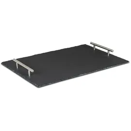 levandeo Tablett Schiefer 40x30cm Serviertablett Servierplatte Rechteckig Metallgriffe Metall Schieferplatte Deko Tischdeko Handgeschlagen